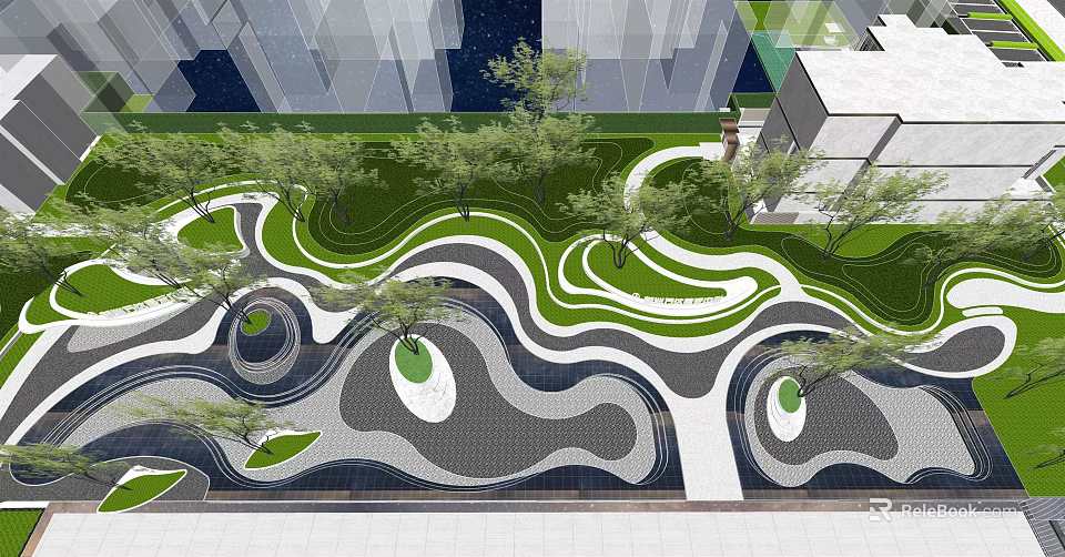 Modern Urban Garden Landscape with Curved Paths Green Lawns and Trees 3d model 