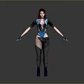 3D Female Character With Red Purple Hair Blue Black Outfit Fishnet Stockings And Blue Boots