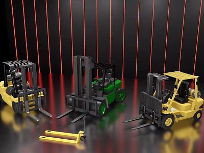 Different Colored Forklift Trucks With Fork Attachment On Reflective Floor Red Lines Background 3d model