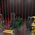 Different Colored Forklift Trucks With Fork Attachment On Reflective Floor Red Lines Background