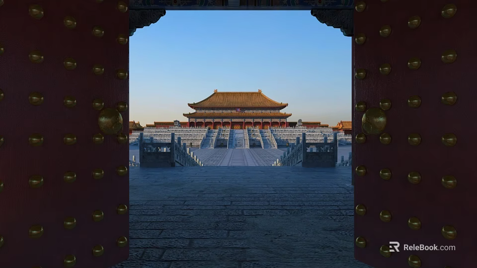 Ancient Chinese Architecture View Through Red Gate With Bronze Nails And Yellow Roof 3d model 
