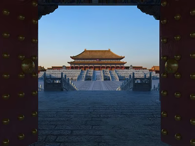 Ancient Chinese Architecture View Through Red Gate With Bronze Nails And Yellow Roof 3d model
