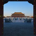 Ancient Chinese Architecture View Through Red Gate With Bronze Nails And Yellow Roof