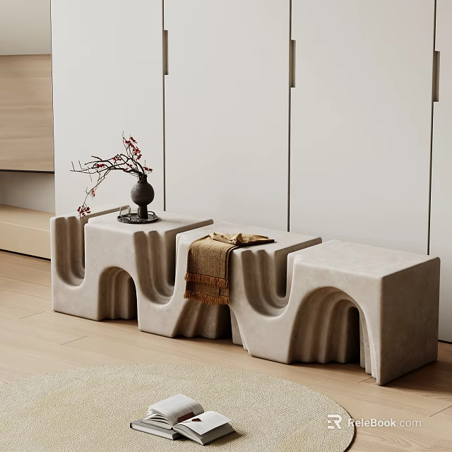 Modern Concrete Bench with Arched Wave-like Design and Vase with Twigs in Minimalist Interior 3d model 