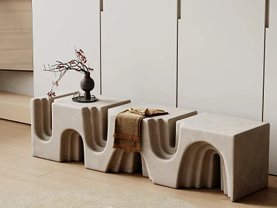 Modern Concrete Bench with Arched Wave-like Design and Vase with Twigs in Minimalist Interior 3d model