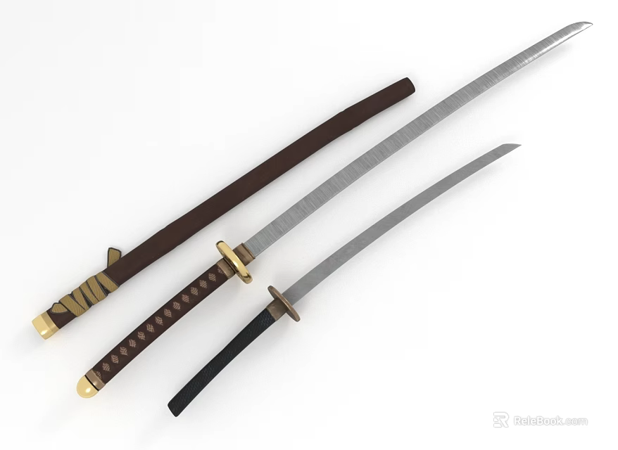 Samurai Warrior With Dragon Patterned Katana Swords And Traditional Sheaths 3d model