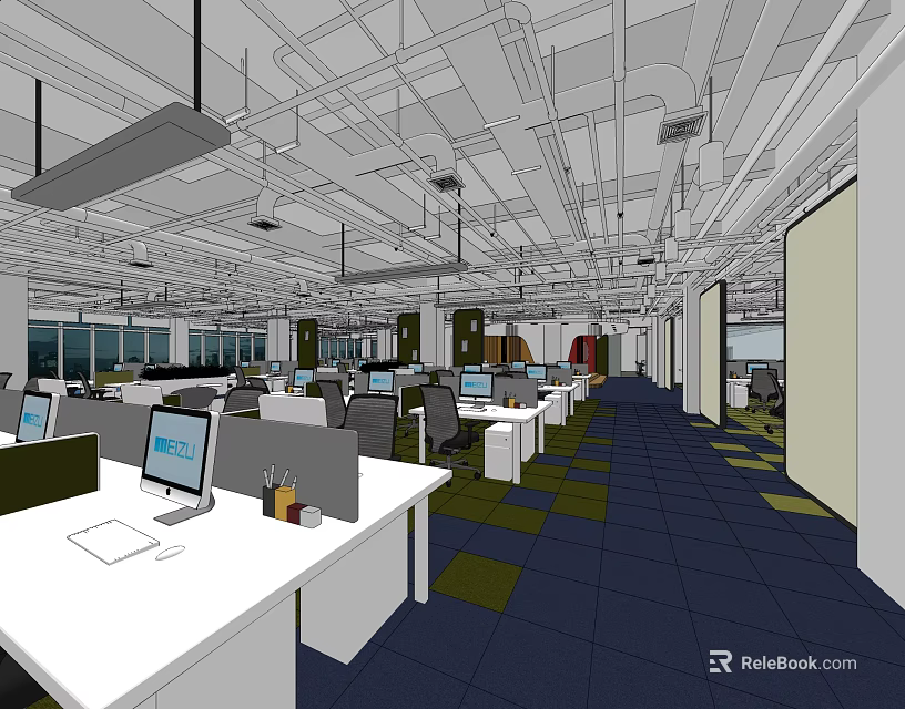 Modern Public Office Area With Open Layout Desks Computer Monitors And Carpets 3d model