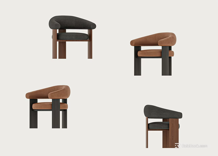 Modern Dining Chairs With Curved Backrest Brown Black Wood Legs Design 3d model 