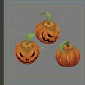Three Halloween Jack o Lanterns With Carved Faces And Green Stems