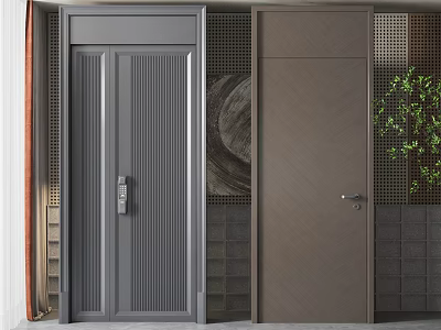 Modern Swing Doors With Vertical Stripes Electronic Lock And Grid Wall Decor 3d model