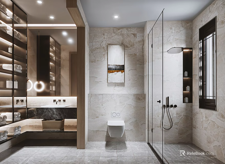 Modern Bathroom Interior Design With Marble Walls Glass Shower Vanity Mirror Shelves And Artwork 3d model 