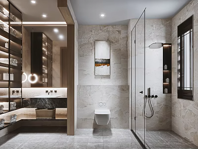 Modern Bathroom Interior Design With Marble Walls Glass Shower Vanity Mirror Shelves And Artwork 3d model
