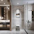 Modern Bathroom Interior Design With Marble Walls Glass Shower Vanity Mirror Shelves And Artwork
