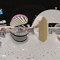 Modern Specialty Store Interior Featuring Central Display Counter Organized Shelves And Unique Lighting Design