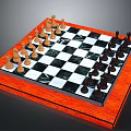 Black and White Checkered Chessboard With Orange Wooden Base And Arranged Chess Pieces