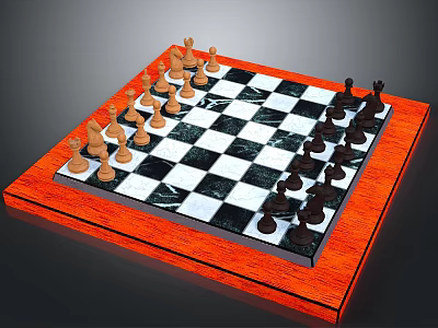 Black and White Checkered Chessboard With Orange Wooden Base And Arranged Chess Pieces 3d model
