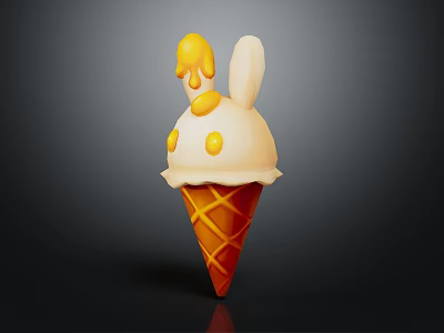 Cute Rabbit Ear Shaped White Ice Cream Cone With Caramel Drizzle And Yellow Dots 3d model