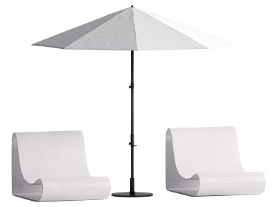 White Outdoor Chairs with Black Stand Umbrella for Patio Garden Setup 3d model
