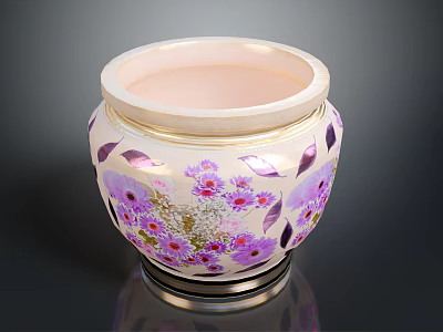 Decorative Ceramic Jar With Purple Floral Patterns And Leaf Designs 3d model