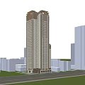 High Rise Modern Residential Building With Clear Blue Sky And Adjacent Structures