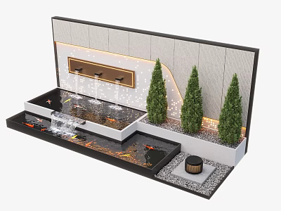 Modern Water Fountain Design With Tiered Pools Green Trees And Decorative Ornaments 3d model