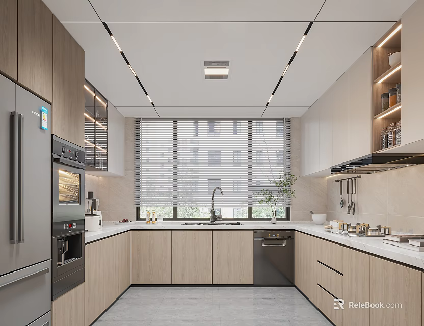 Modern Kitchen Interior With Wooden Cabinets Stainless Steel Appliances And Island Counter 3d model 