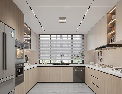 Modern Kitchen Interior With Wooden Cabinets Stainless Steel Appliances And Island Counter 3d model