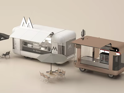 Elegant Modern Food Carts With Outdoor Seating Tables Chairs And Umbrellas 3d model