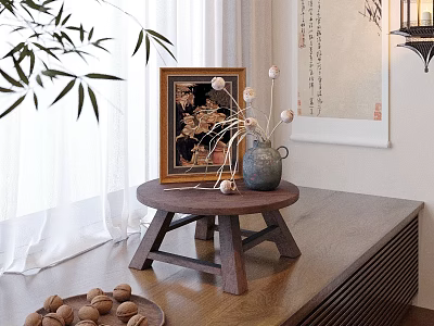 Cozy Home Interior With Bamboo Branches Framed Painting Wooden Table Vase Dried Flowers And Walnuts 3d model