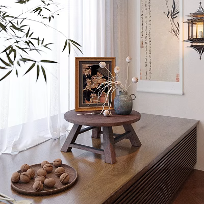 Cozy Home Interior With Bamboo Branches Framed Painting Wooden Table Vase Dried Flowers And Walnuts 3d model