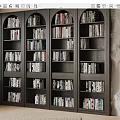 Dark Arched Bookshelf Design With Multiple Compartments Filled With Books Against Textured Wall And Window