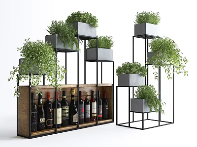 Garden Decor with Black Metal Stands Green Potted Plants and Wooden Wine Rack 3d model