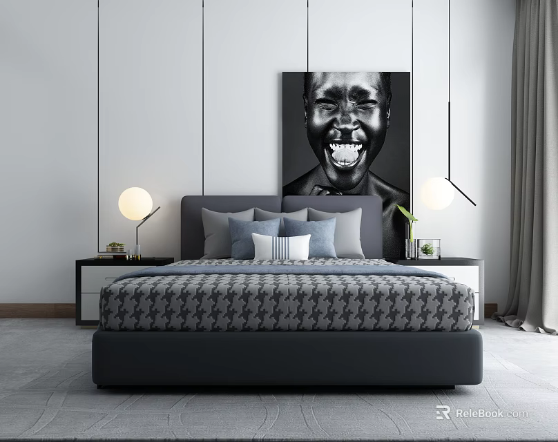 Double Bed With Houndstooth Pattern Gray Pillows And Bedside Lamps In White Paneled Bedroom 3d model 