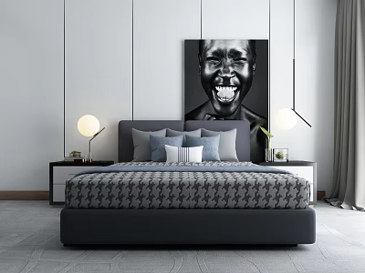 Double Bed With Houndstooth Pattern Gray Pillows And Bedside Lamps In White Paneled Bedroom 3d model