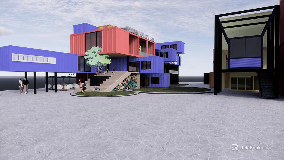 Modern Multilevel Container Building With Red Blue Purple Containers And Greenery 3d model