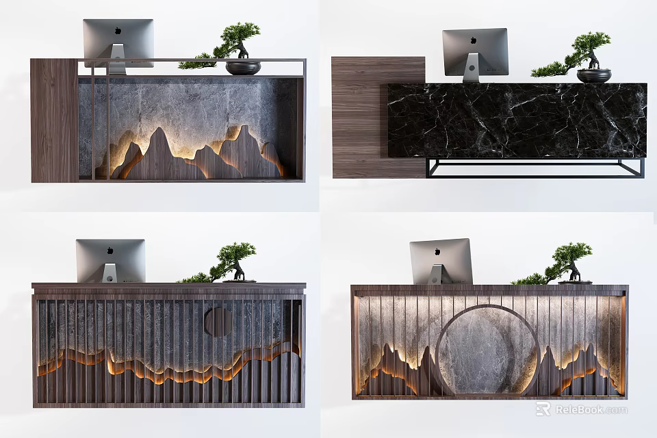 Modern Reception Desk Design Featuring Wood Grain Marble Countertop Mountain Pattern And Potted Plant 3d model 