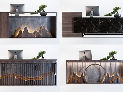 Modern Reception Desk Design Featuring Wood Grain Marble Countertop Mountain Pattern And Potted Plant 3d model