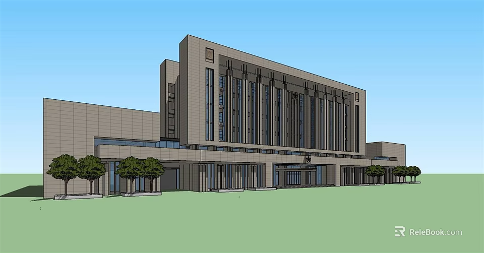 Modern Office Building With Glass Windows Columns Main Entrance And Green Lawn Surrounded By Trees 3d model 