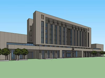 Modern Office Building With Glass Windows Columns Main Entrance And Green Lawn Surrounded By Trees 3d model