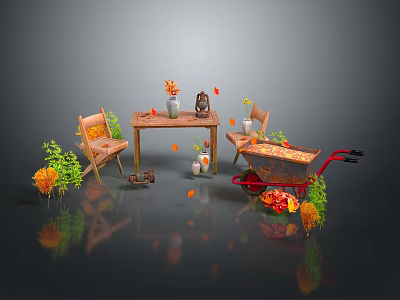 Autumn Themed Outdoor Seating Area With Wooden Table Chairs Wheelbarrow And Plants 3d model