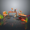 Autumn Themed Outdoor Seating Area With Wooden Table Chairs Wheelbarrow And Plants