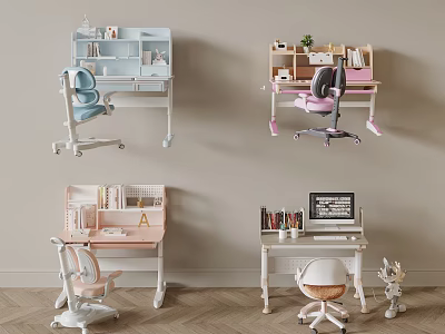 Modern Kids Desk with Ergonomic Chair and Storage Shelves for Children's Learning Space 3d model