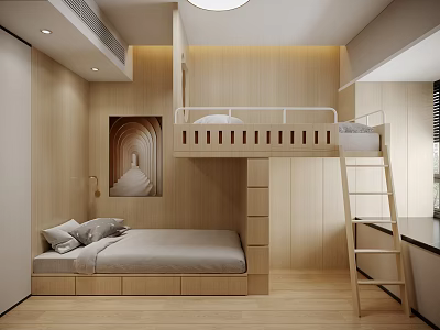 Kids Room Wooden Design With Bunk Bed Ladder And Comfortable Bed Setup 3d model