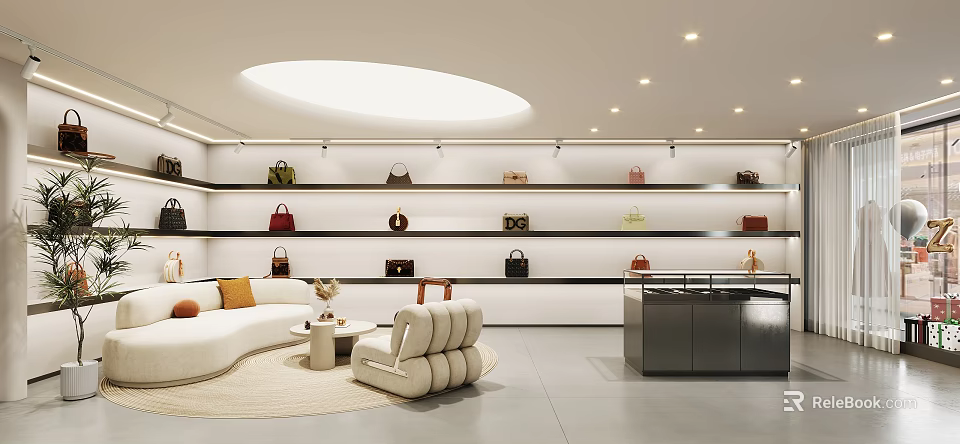 Modern Tea Room With Circular Ceiling Light And Cozy Seating 3d model 