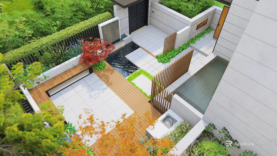 Tranquil Courtyard Garden with Lush Greenery Water Feature Wooden Bench Stone Tiles and Wooden Fence 3d model 