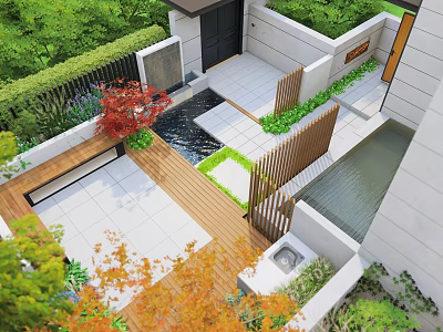Tranquil Courtyard Garden with Lush Greenery Water Feature Wooden Bench Stone Tiles and Wooden Fence 3d model