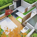 Tranquil Courtyard Garden with Lush Greenery Water Feature Wooden Bench Stone Tiles and Wooden Fence