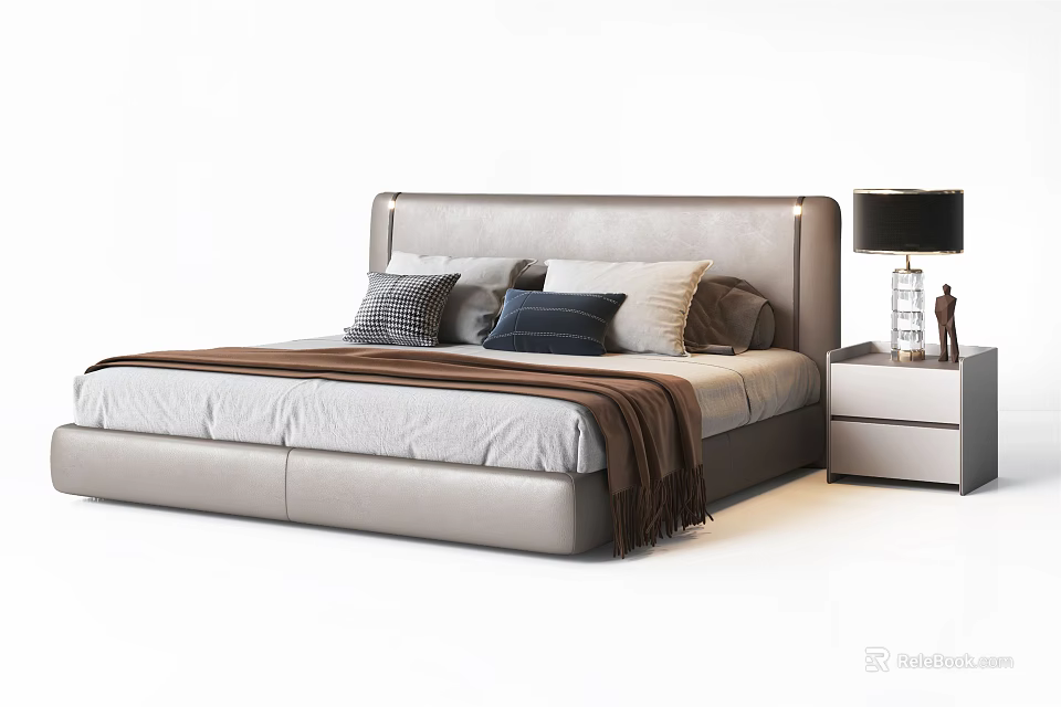 Modern Double Bed With Leather Headboard Decorative Pillows Blanket And Nightstand Lamp 3d model 