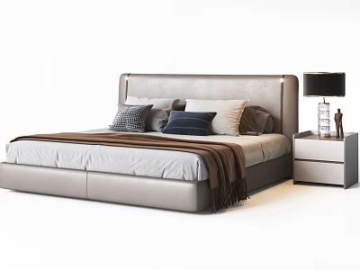 Modern Double Bed With Leather Headboard Decorative Pillows Blanket And Nightstand Lamp 3d model