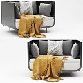 Modern Single Sofa With Gray Blue Upholstery Throw Blanket And Cushions 3d model